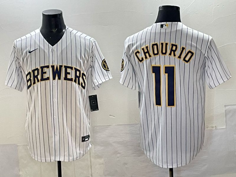 Men Milwaukee Brewers #11 Chourio White Stripe Nike MLB 2025 Jersey 01